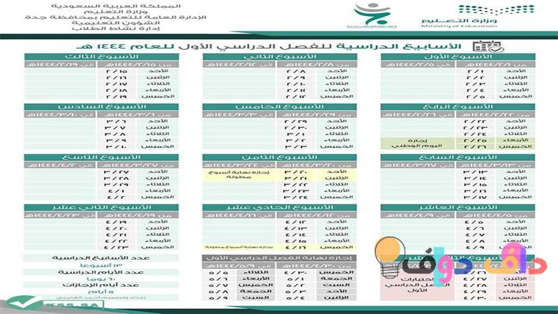 جدول العام الدراسي ١٤٤٤ في المملكة العربية السعودية